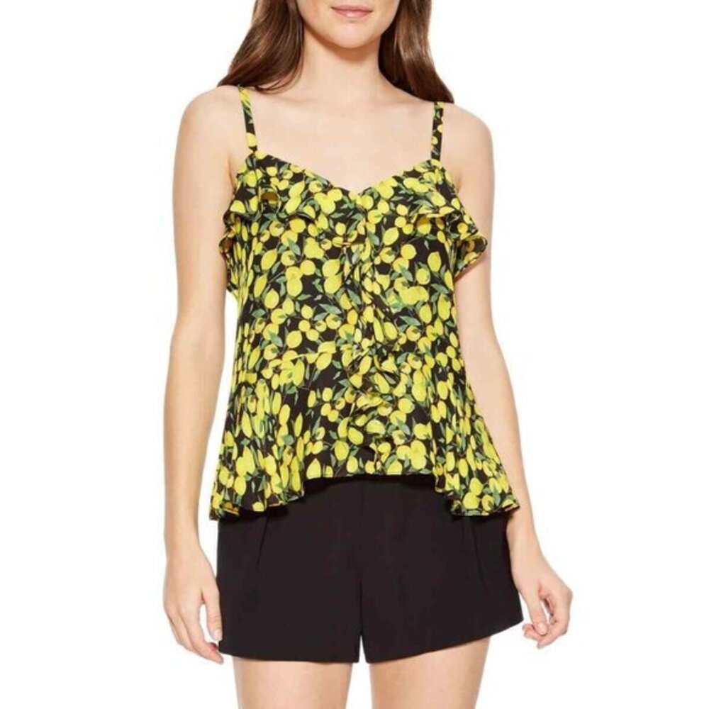Parker Lemon Print Silk Print Ruffle Tank Top Blouse Yellow Black SZ S NWT